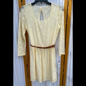 BELTED 3/4 SLEEVE LACE DRESS WITH ATTACHED SLIP